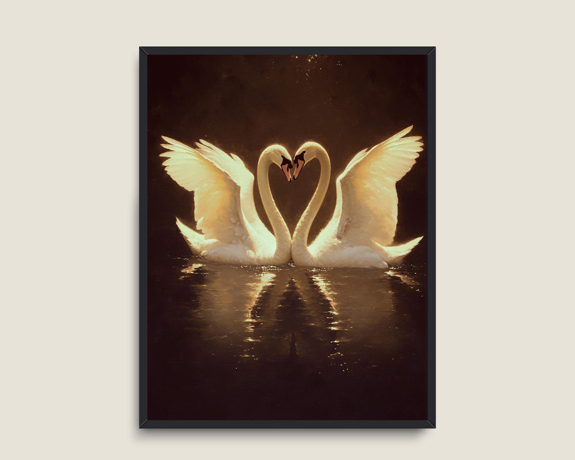 Two Swans Heart Shape Dark Water Romantic Love Wildlife Print - Image 3