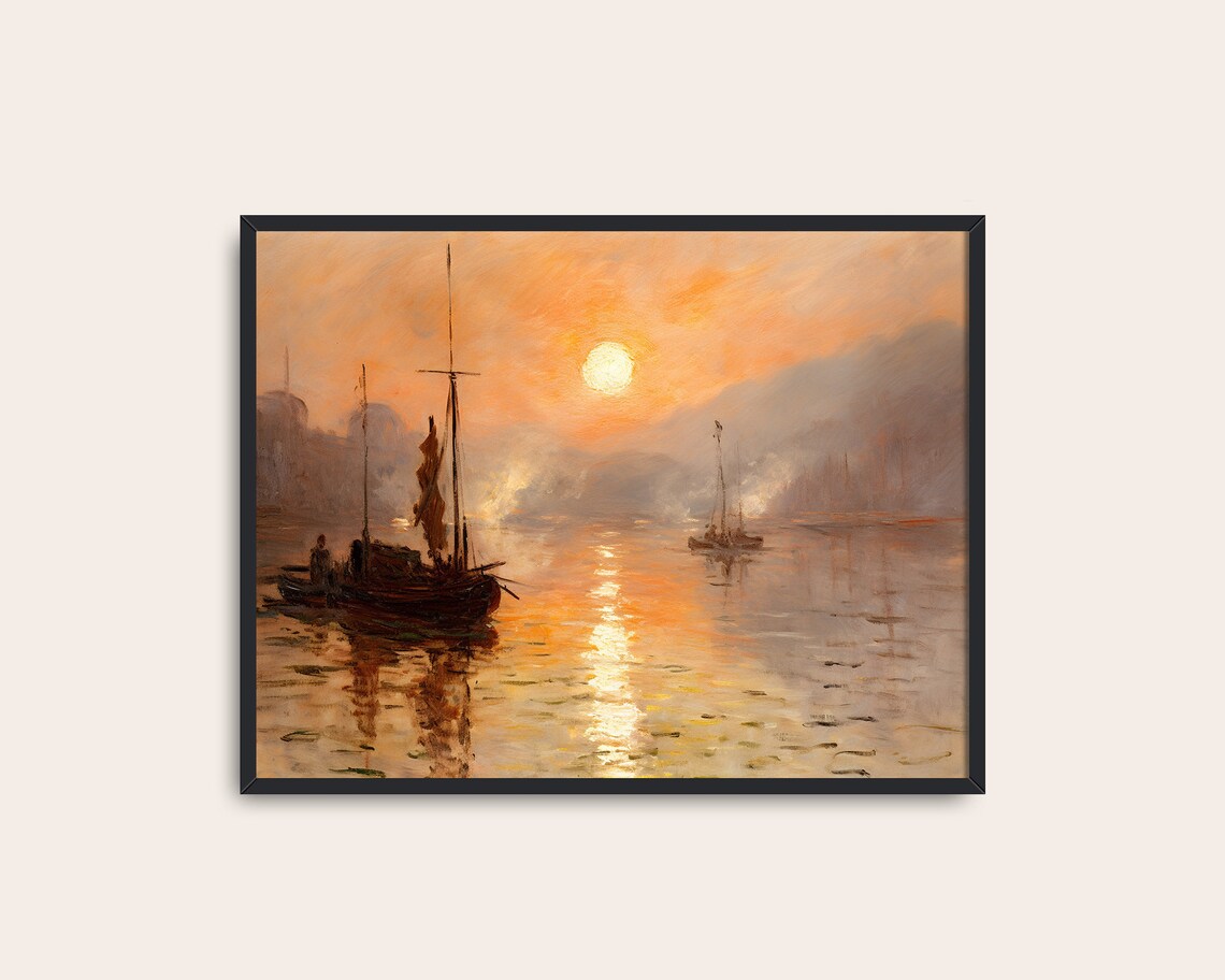 Vintage Sunset River Boats Landscape Art Print - Image 3