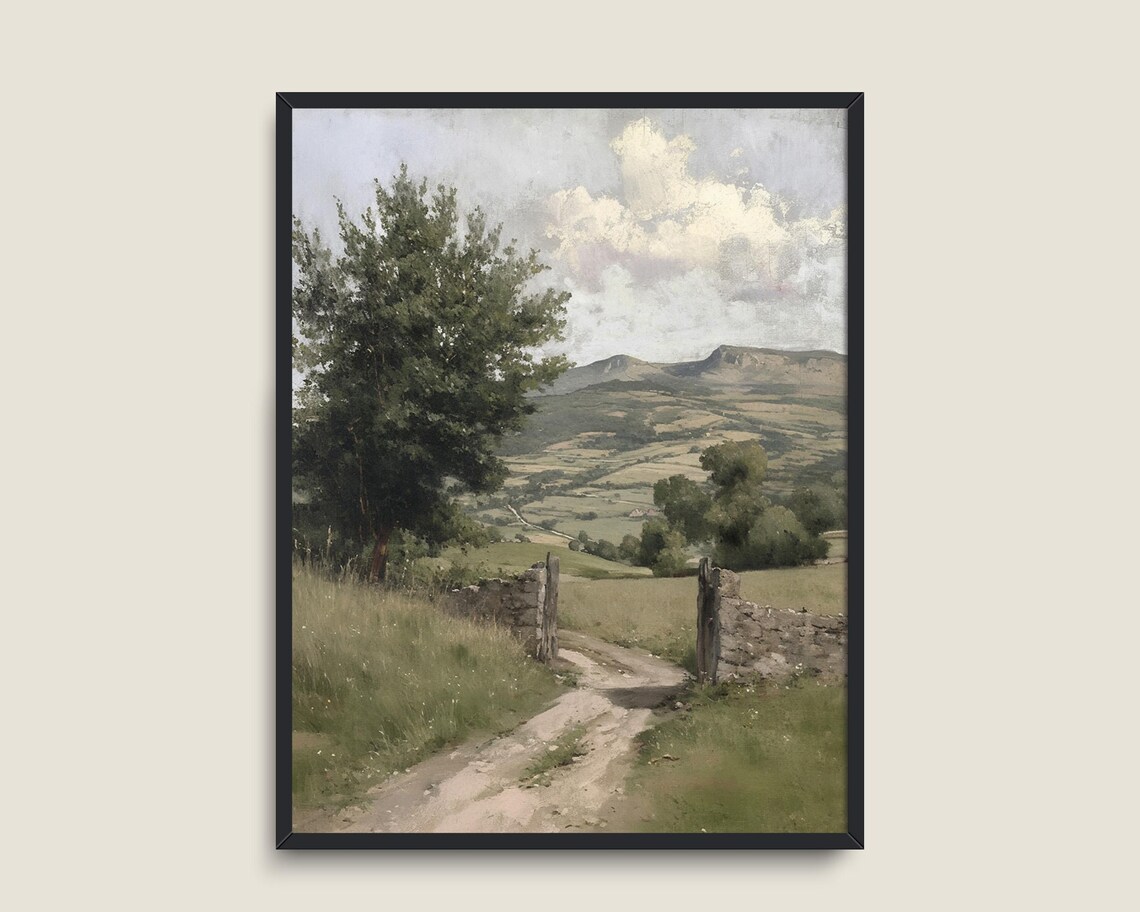 Country Road Stone Gate Rolling Hills Vintage Landscape Wall Art - Image 3