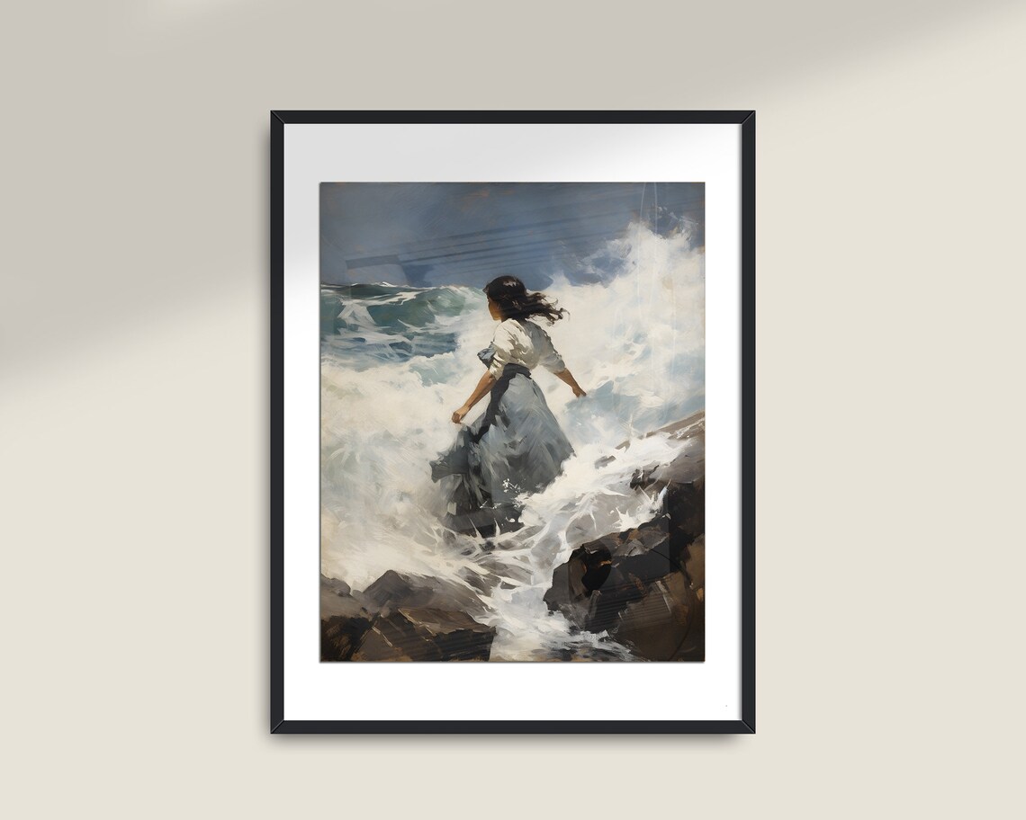 Woman Facing Crashing Ocean Waves Vintage Style Coastal Wall Print - Image 2