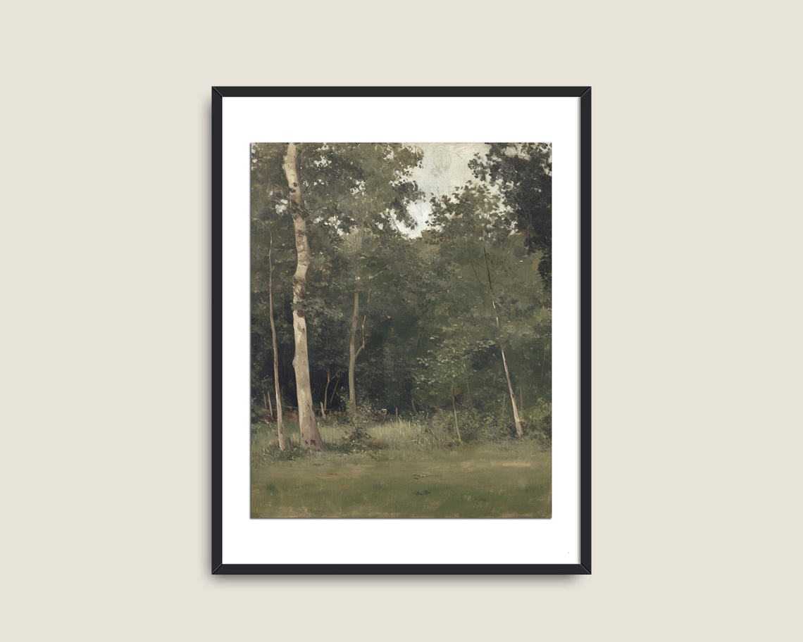 Forest Glade Birch Trees Moody Green Vintage Landscape Wall Art Poster - Image 2