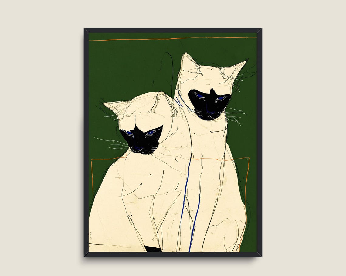 Two Siamese Cats Modern Line Art Green Background Painting Poster - Image 3