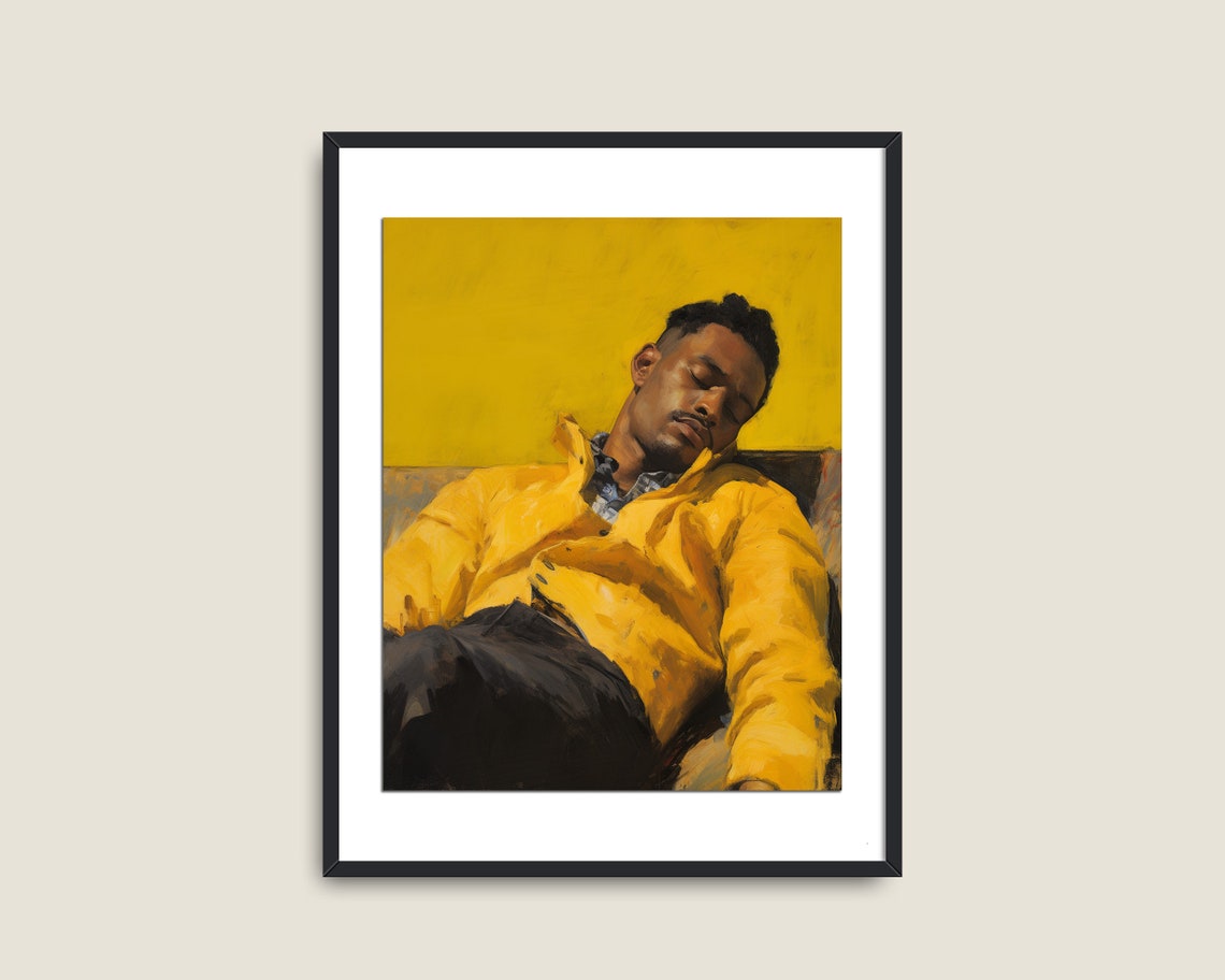 Sleeping Man In Yellow Jacket Bold Modern Portrait Painting Poster - Image 2