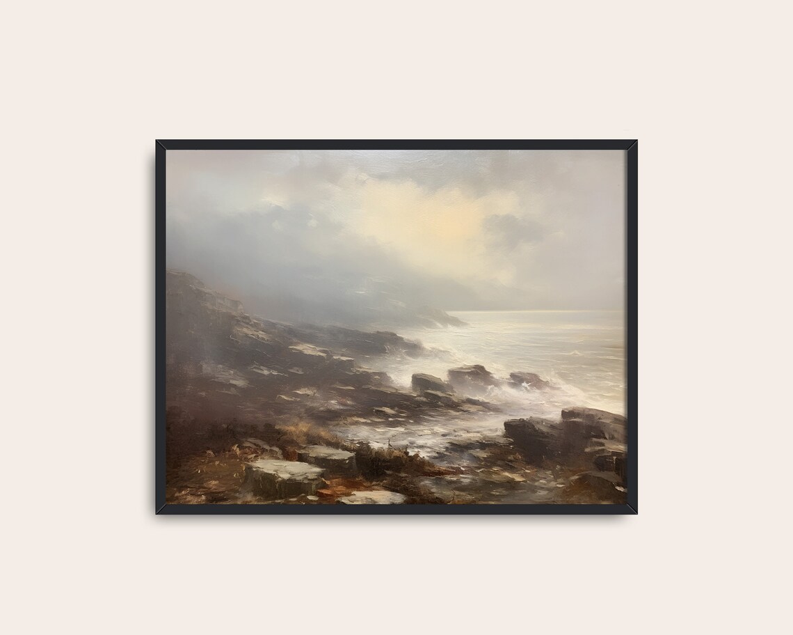 Misty Foggy Rocky Coastline Seascape Waves Vintage Ocean Poster - Image 3