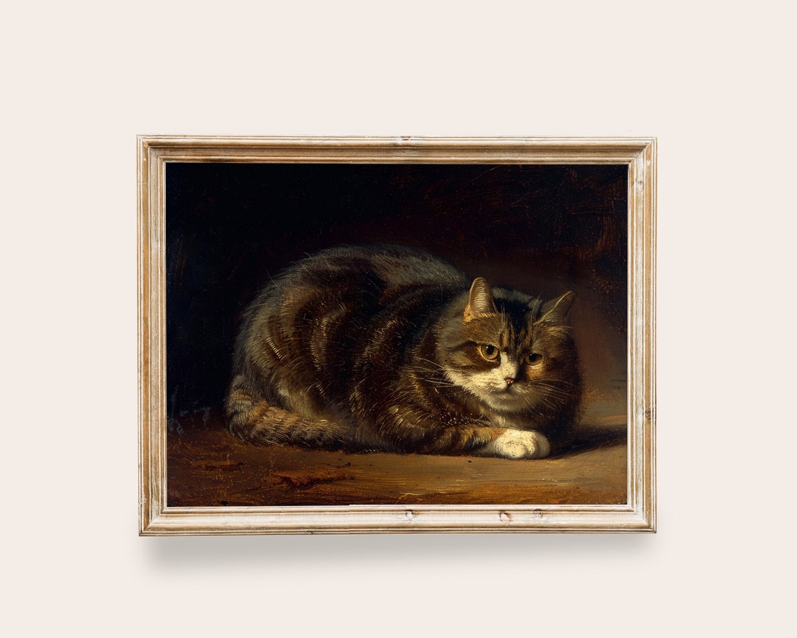 Moody Tabby Cat Resting on Wood Dark Vintage Feline Painting Poster