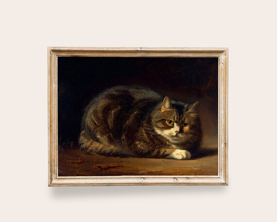 Cat Painting Vintage Art Art Vintage Animal Art Moody Dark Academia Decor Kitten Tabby Cat Wall Art