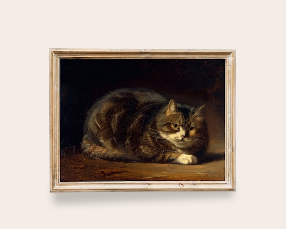 Moody Tabby Cat Resting on Wood Dark Vintage Feline Painting Poster