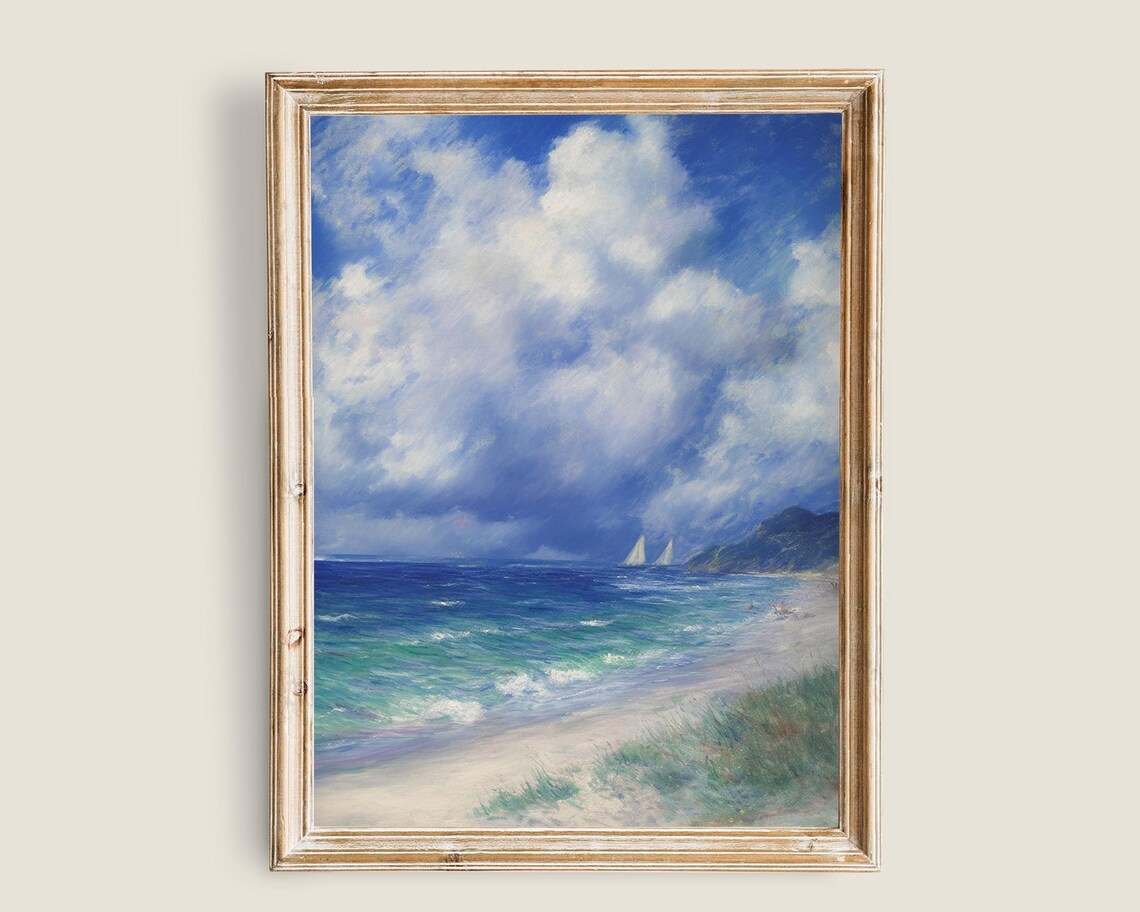 Ocean Beach Dramatic Clouds Impressionist Seascape Sailing Wall Art Poster