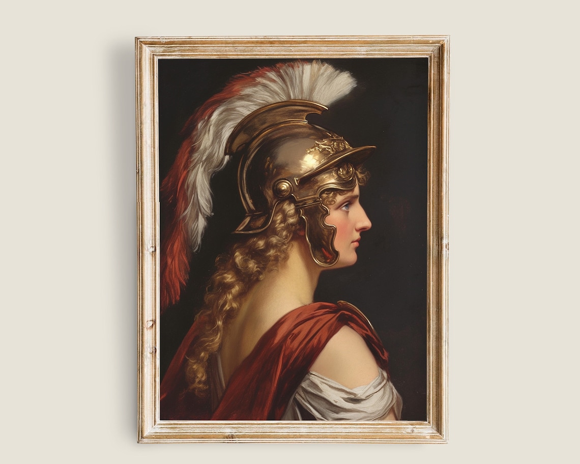 Woman Warrior In Roman Helmet With Red Plume Profile Portrait Poster