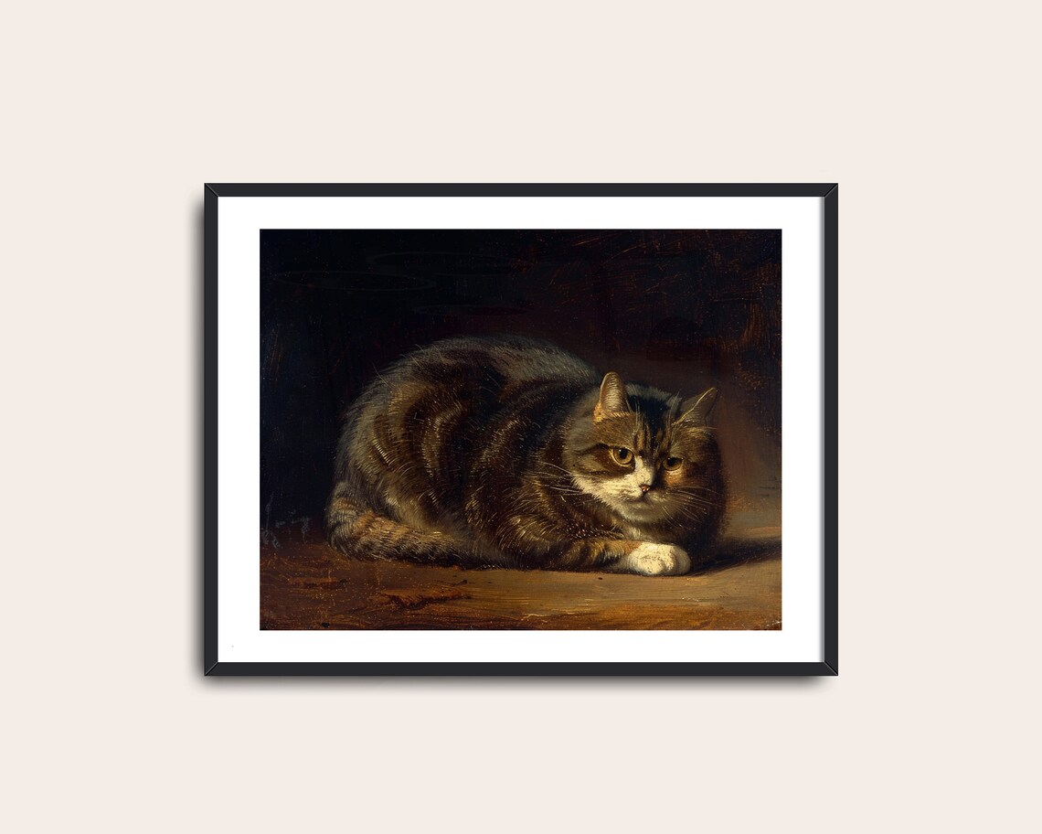 Moody Tabby Cat Resting on Wood Dark Vintage Feline Painting Poster - Image 2