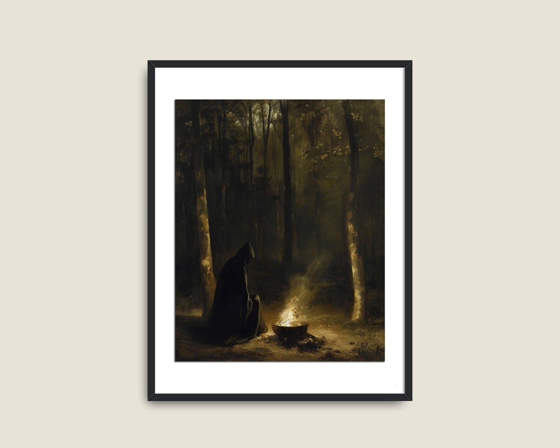 Hooded Witch By Cauldron Fire In Dark Woods Gothic Occult Poster - Image 2