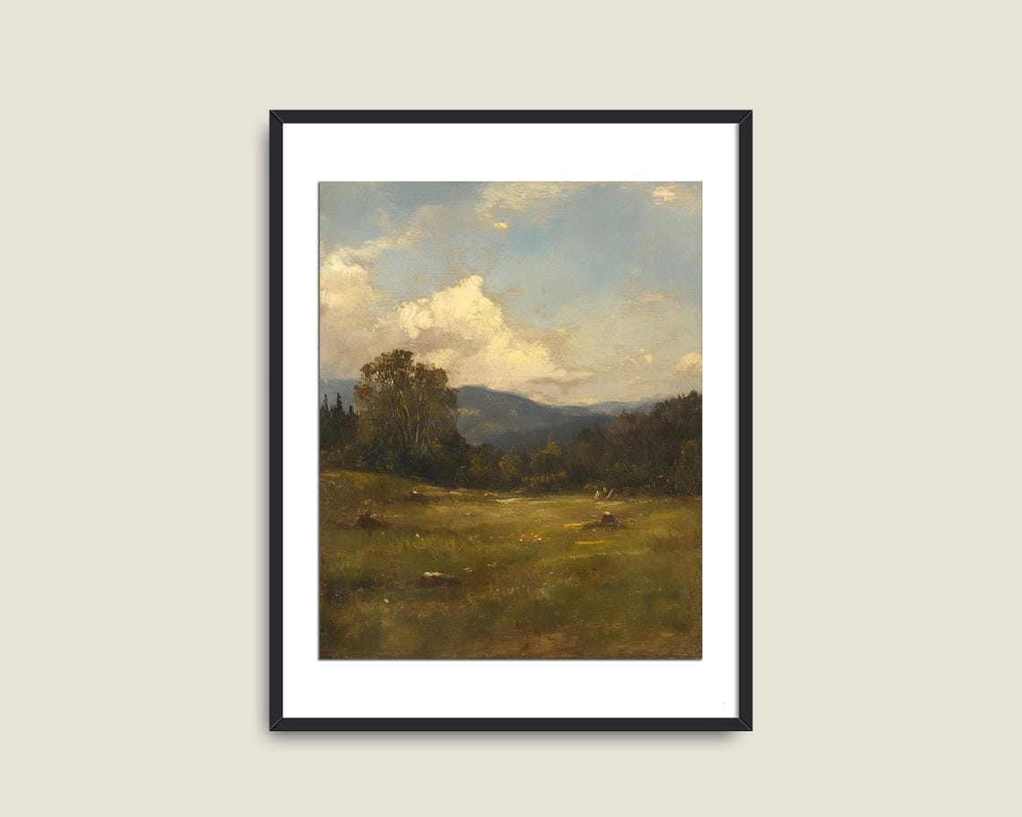 Sunlit Meadow Mountain Valley Cloudy Sky Vintage Landscape Poster - Image 2