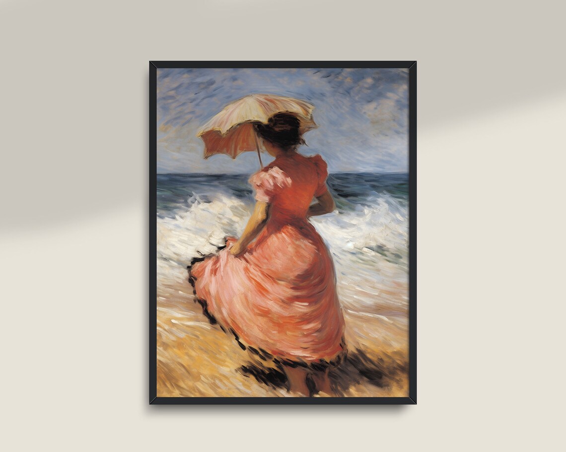 Woman Pink Dress Parasol Beach Waves Vintage Impressionist Art Poster - Image 2