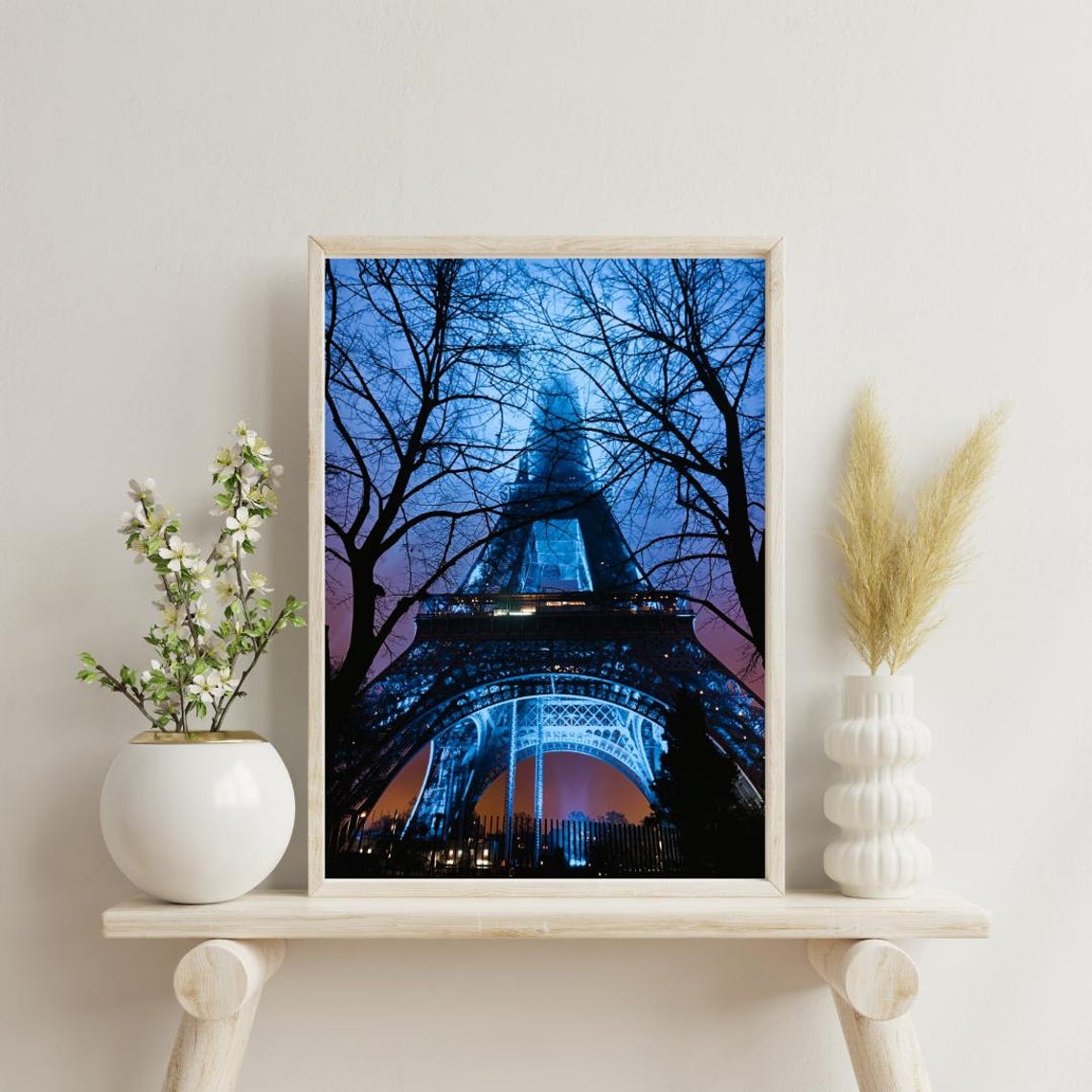 Eiffel Tower Winter Night Bare Trees Moody Blue Paris Photo Poster
