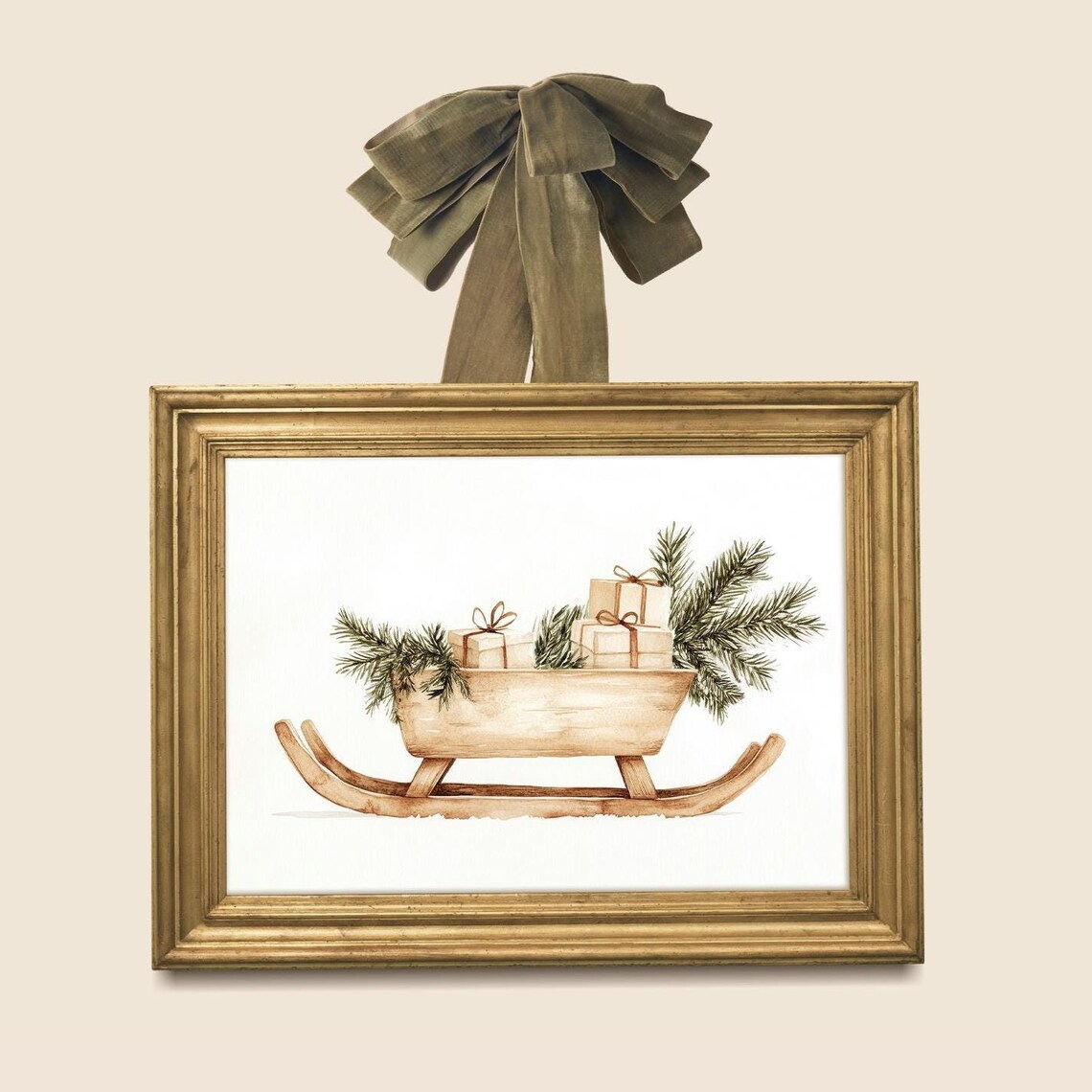 Rustic Wooden Sleigh With Gifts Pine Christmas Watercolor Art Print