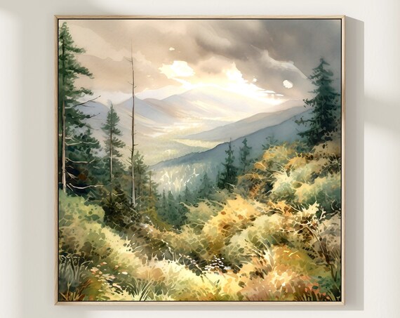 Great Smoky Mountains Misty Layered Ridges Sunlight Watercolor Poster