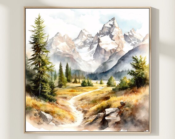 Snowy Jagged Mountain Peaks Pine Forest Meadow Watercolor Poster