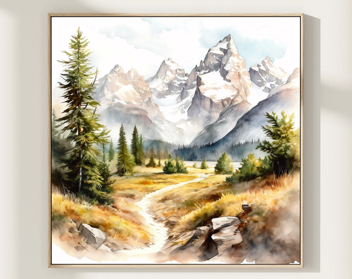 Snowy Jagged Mountain Peaks Pine Forest Meadow Watercolor Poster
