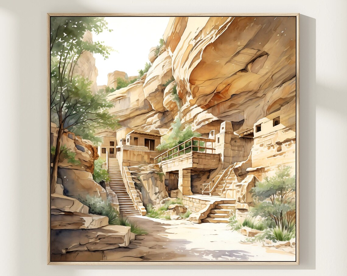 Mesa Verde Cliff Dwellings Ancient Pueblo Canyon Watercolor Poster