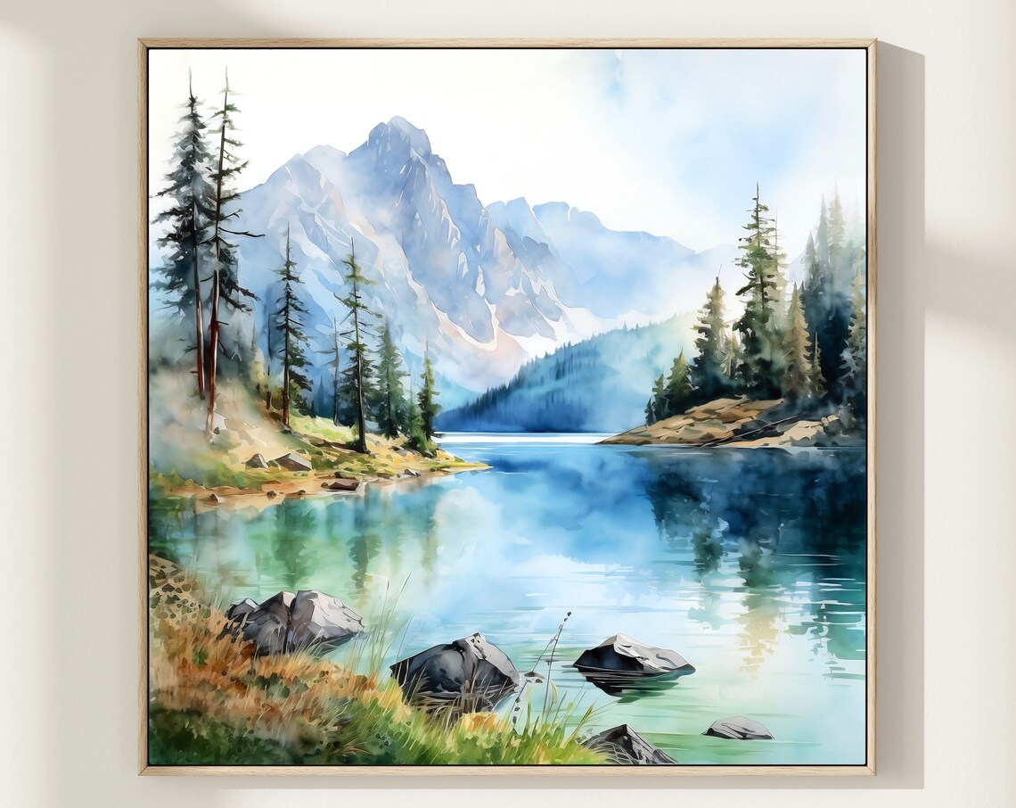 Turquoise Alpine Lake Snowy Peak Pine Shores Watercolor Wall Art