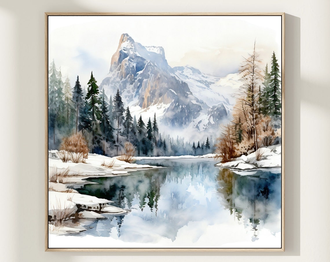 Snowy Mountain Peak Alpine Lake Perfect Reflection Watercolor Poster