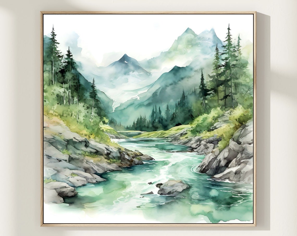 Turquoise Mountain River Watercolor with Forest and Peaks Poster