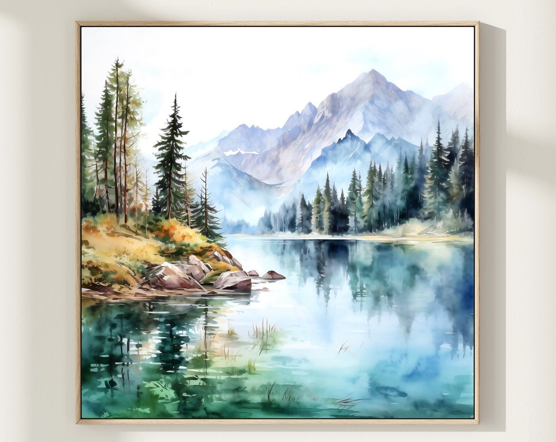 Alpine Lake Mirror Reflection Pine Forest Mountains Watercolor Poster