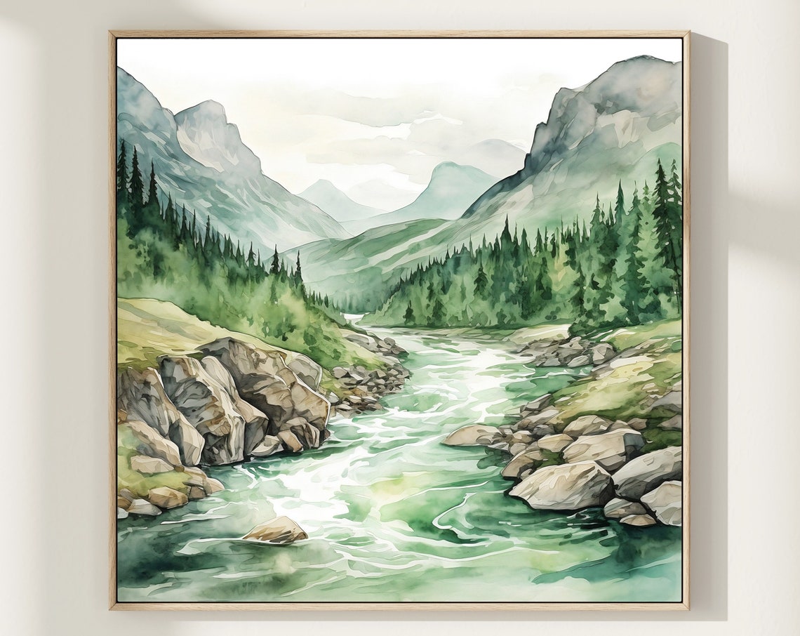 Green River Valley Misty Mountains Evergreen Watercolor Poster