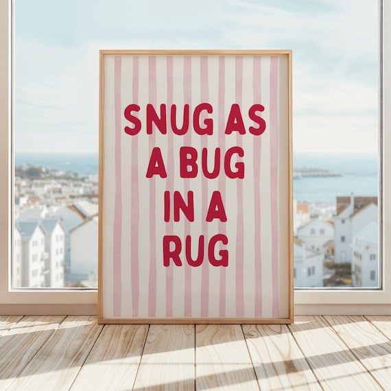 Snug As A Bug In A Rug Pink Striped Nursery Bedroom Quote Poster
