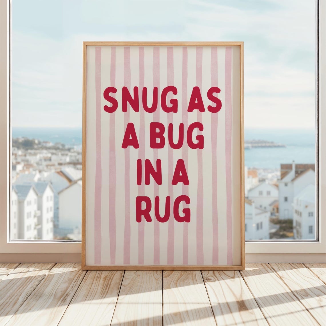 Snug As A Bug In A Rug Pink Striped Nursery Bedroom Quote Poster