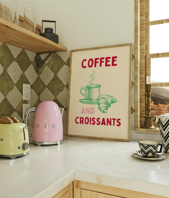 Coffee And Croissants Print Kitchen Poster French Cafe Wall Art Decor Parisian Breakfast