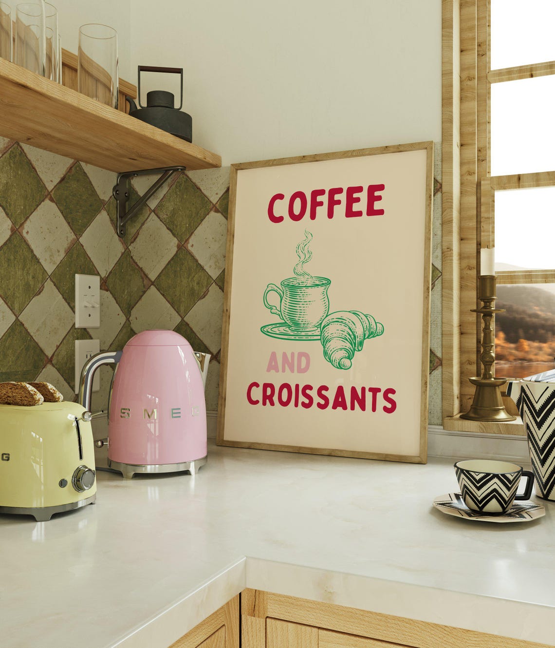Coffee and Croissants Retro French Cafe Breakfast Art Poster