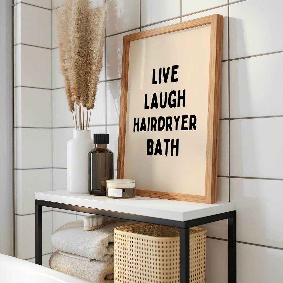Live Laugh Hairdryer Bath Minimal Black Cream Funny Bathroom Poster