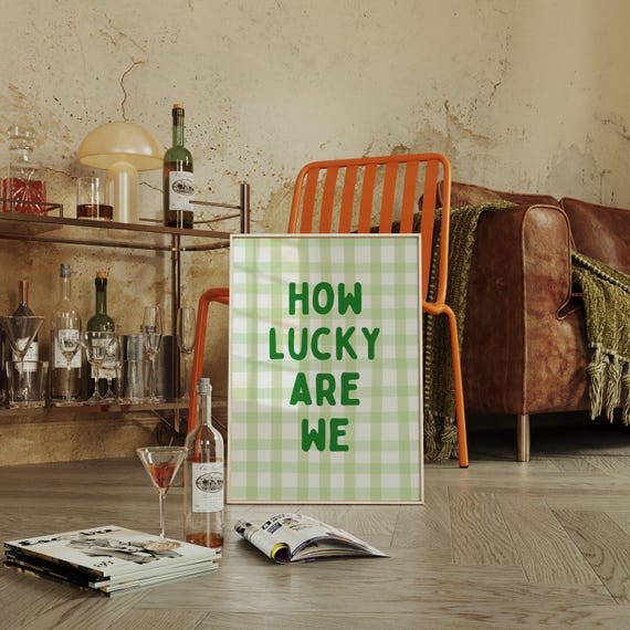 How Lucky Are We Print Sentimental Bedroom Decor Cute Couple Poster Whimsical Typography Wall Art Green