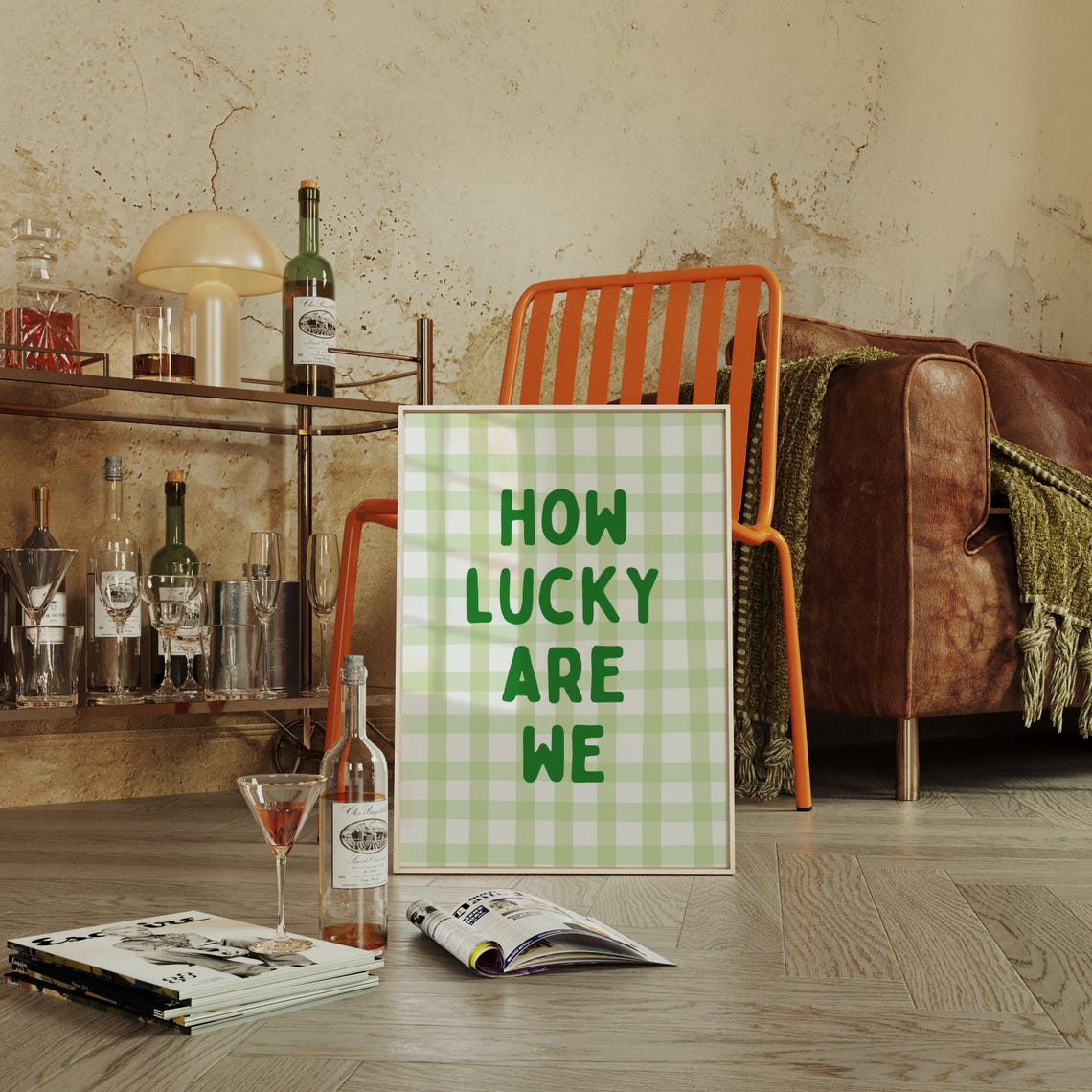 How Lucky Are We Green Gingham Check Affirmation Wall Quote Poster
