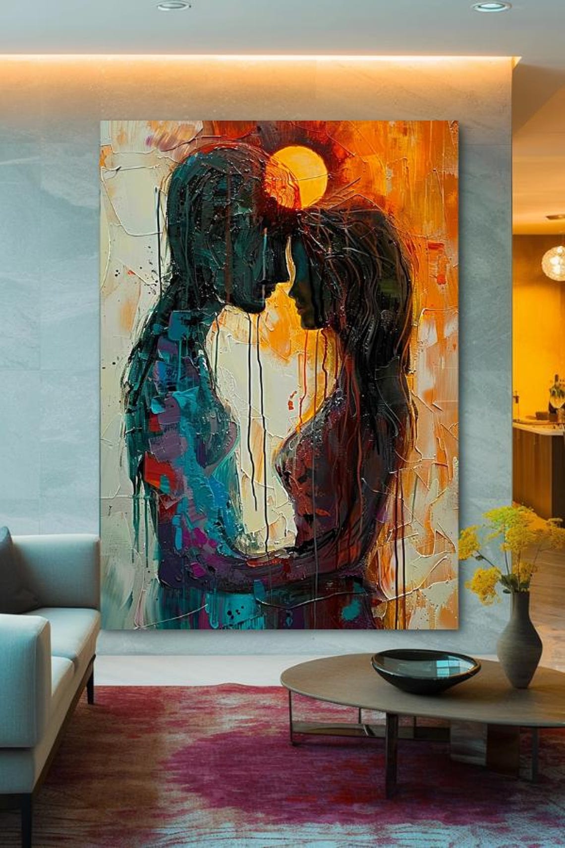 Two Lovers Facing Each Other at Sunset Abstract Painting Poster - Image 2