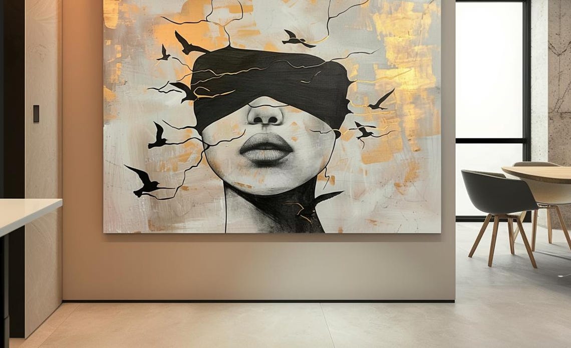 Blindfolded Woman With Flying Birds Gold Abstract Face Poster - Image 3