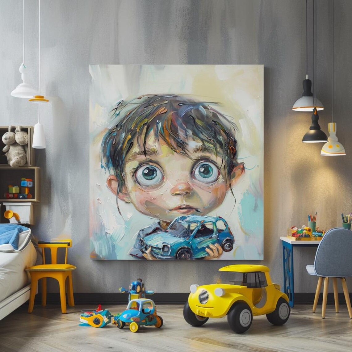 Big Eyed Boy Holding Blue Toy Car Charming Impasto Kids Art Poster