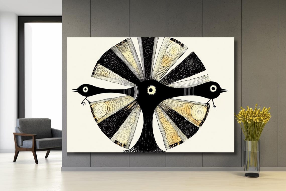Stylized Black Bird With Intricate Patterned Fan Tail Folk Art Poster