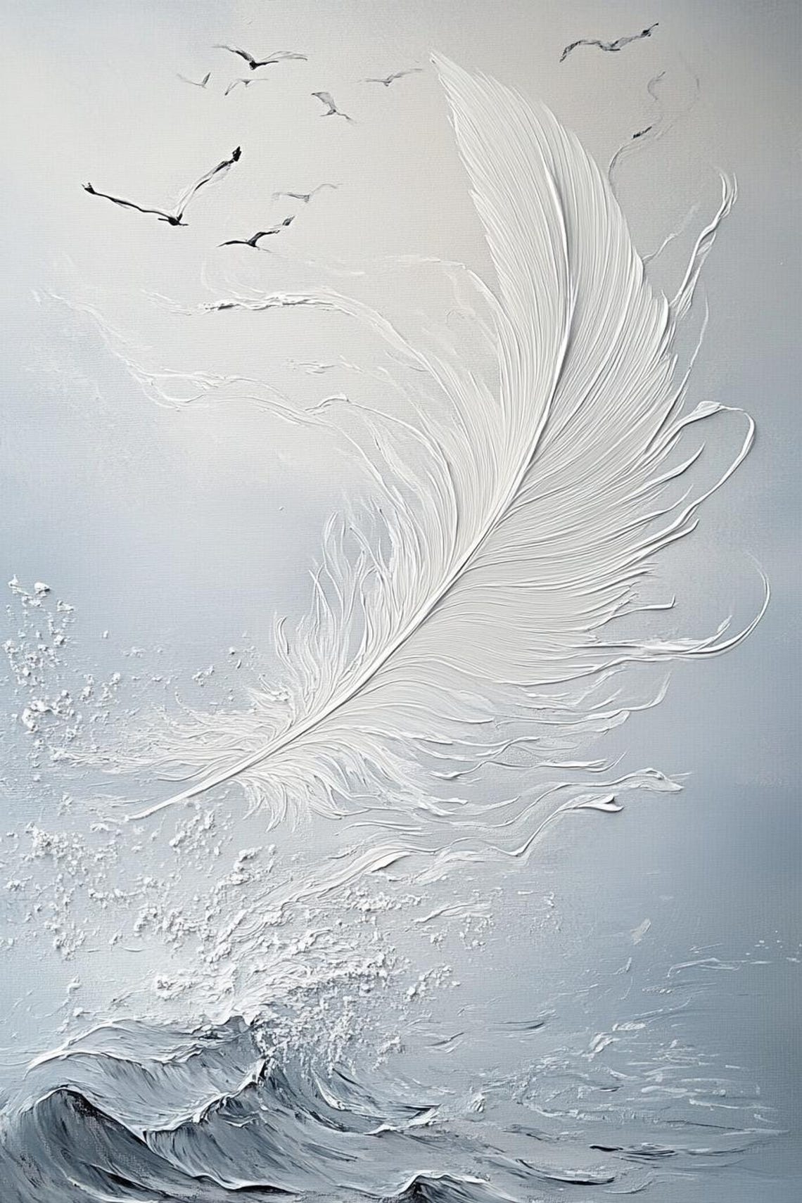 Floating White Feather Over Textured Waves Minimalist Poster - Image 3