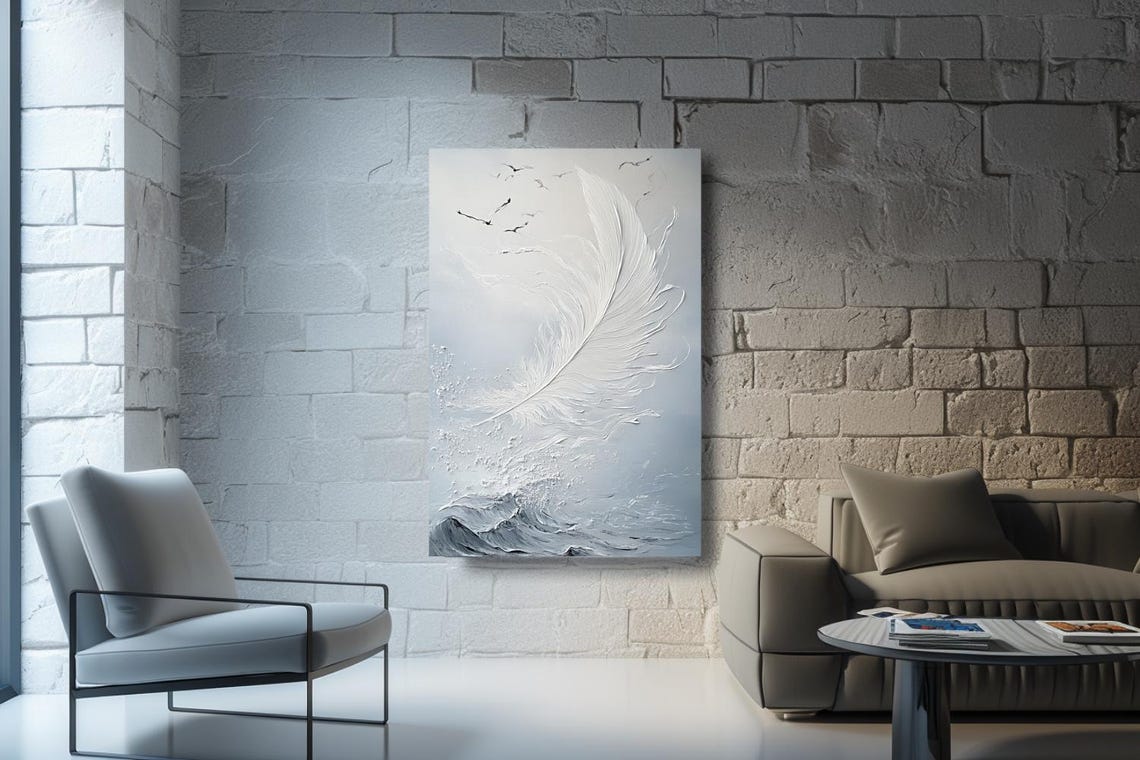 Floating White Feather Over Textured Waves Minimalist Poster - Image 2