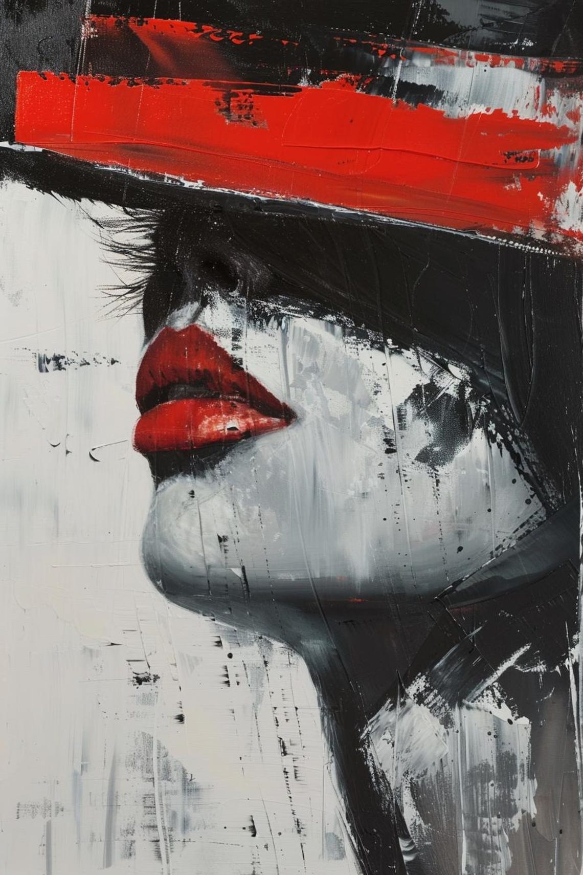 Woman In Red Wide Brim Hat Red Lips Abstract Portrait Poster - Image 2