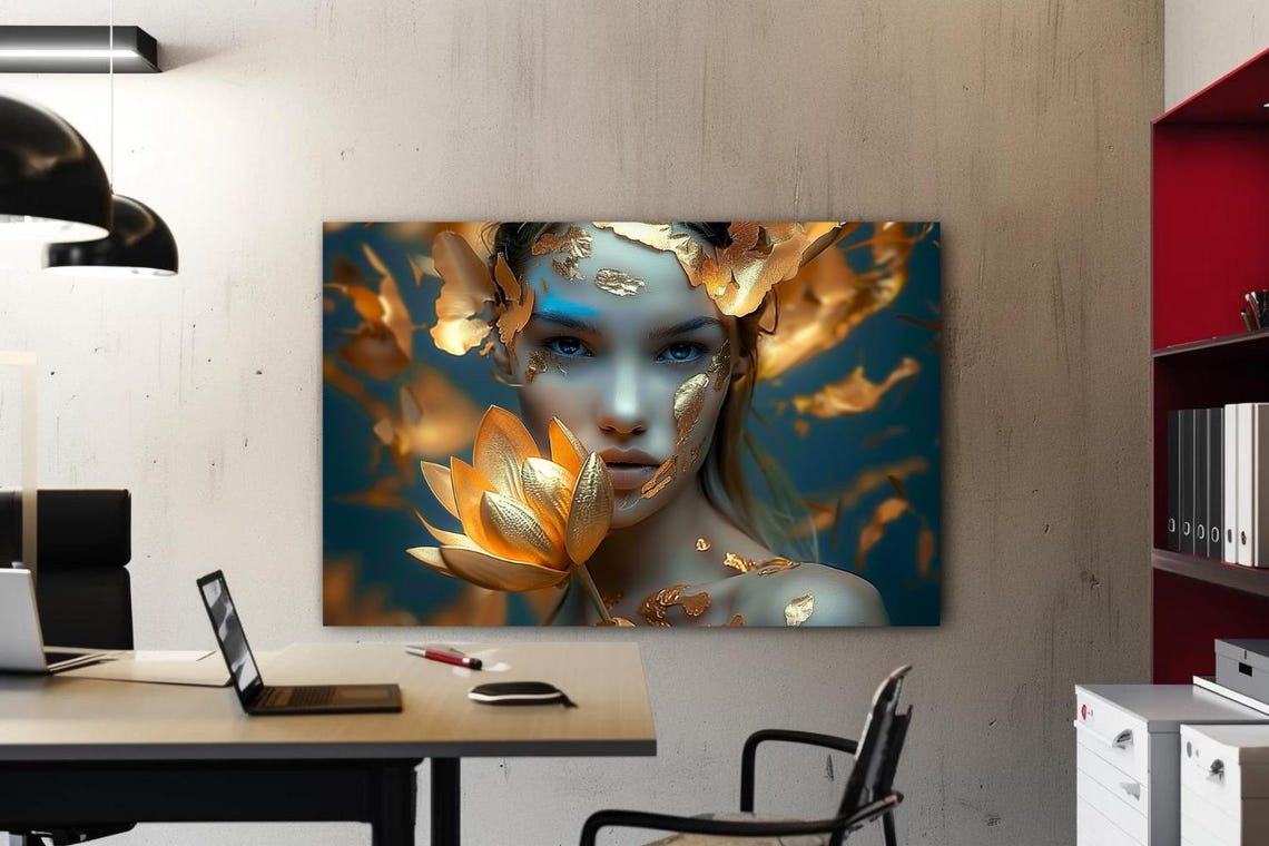 Woman Face with Gold Leaf and Golden Lotus Dark Teal Art Poster - Image 3