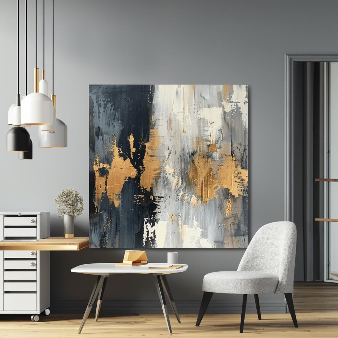 Black White Gold Abstract Textured Modern Contemporary Art Poster - Image 2