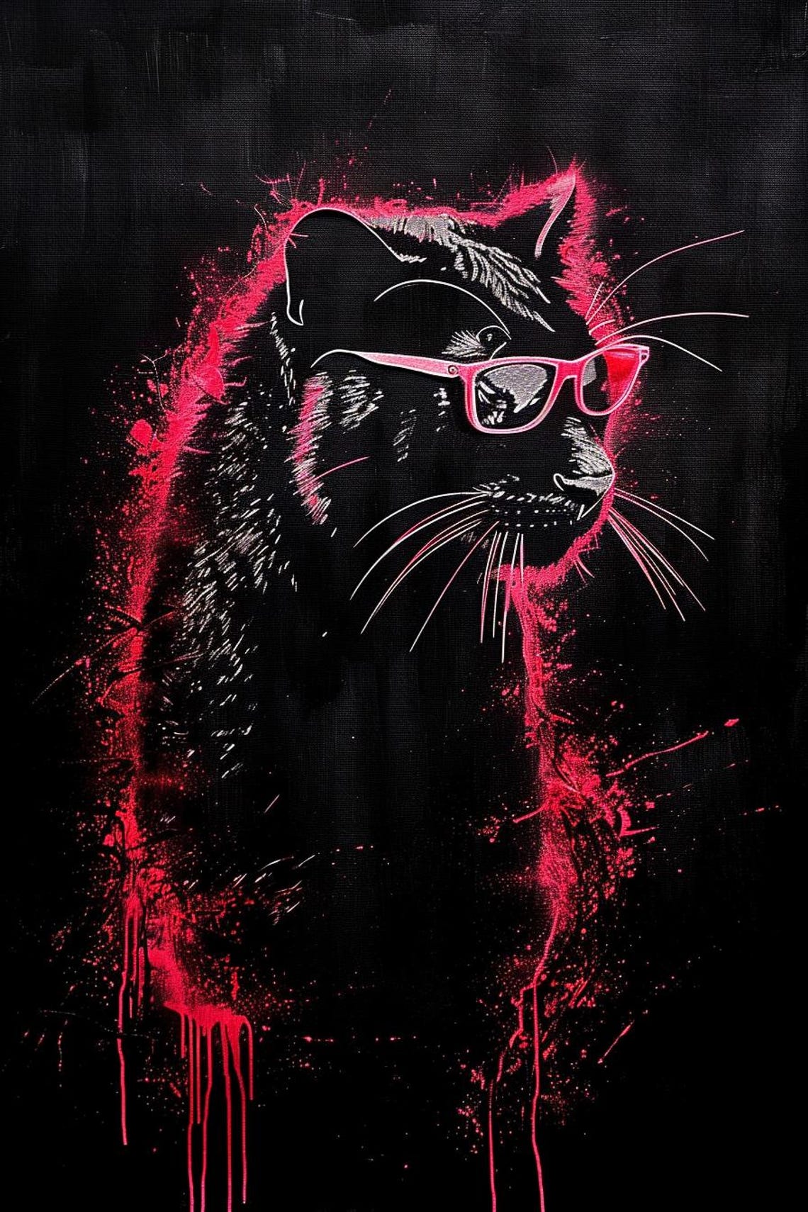 Black Cat with Pink Glasses on Dark Background Painting Poster - Image 2