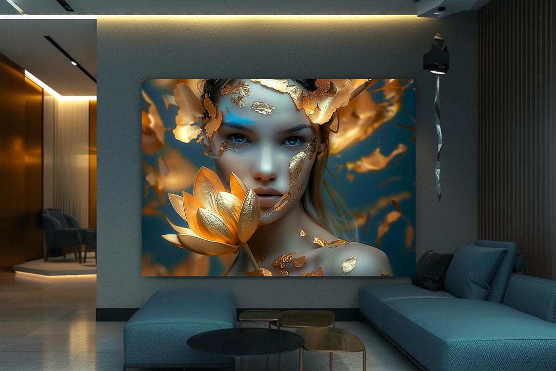 Woman Face with Gold Leaf and Golden Lotus Dark Teal Art Poster