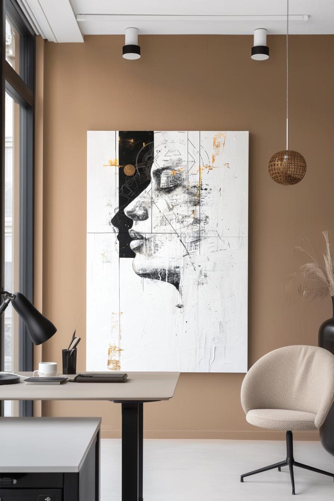 Black And White Line Art Woman Portrait With Gold Accents Poster