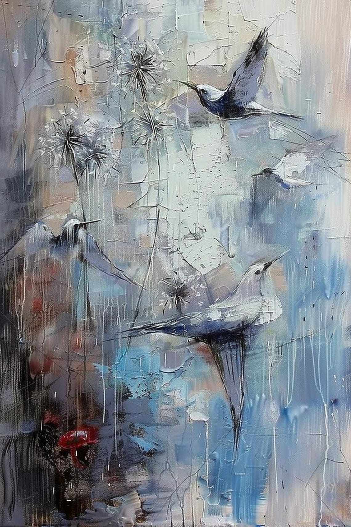 Swallows in Flight Among Seed Heads Blue Impasto Bird Poster - Image 2