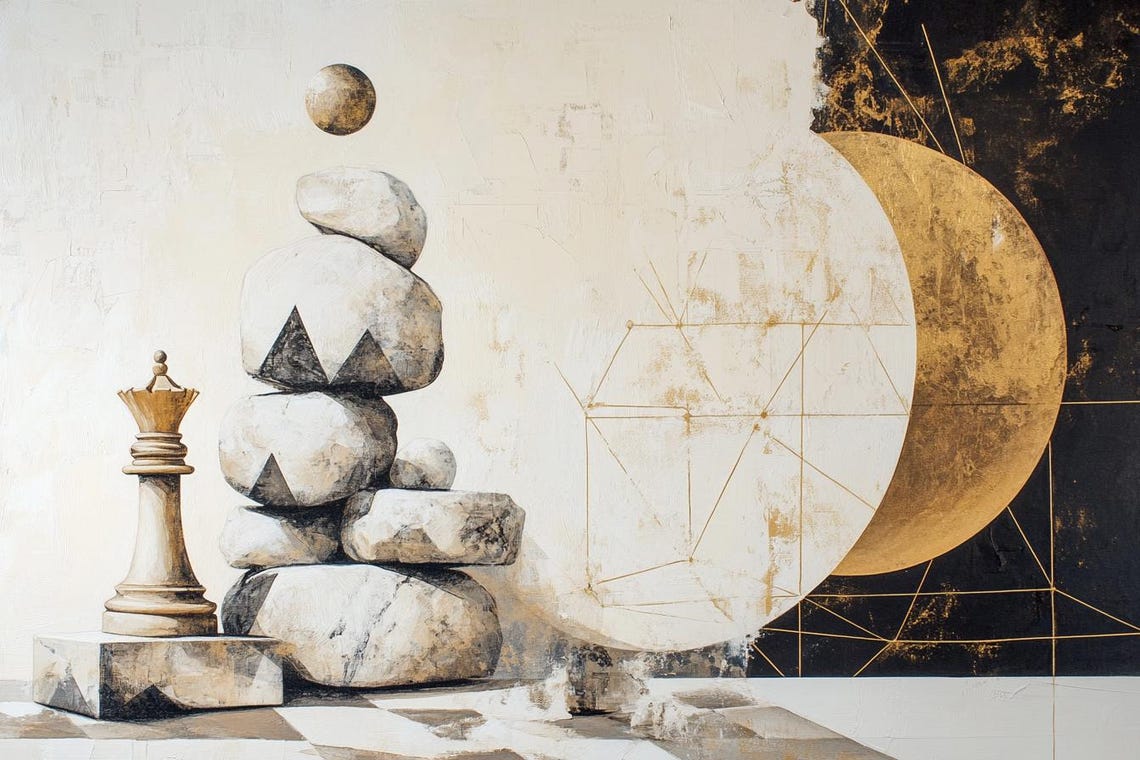 Surreal "Choice" Chess King And Balanced Stones With Gold Orb Poster - Image 2