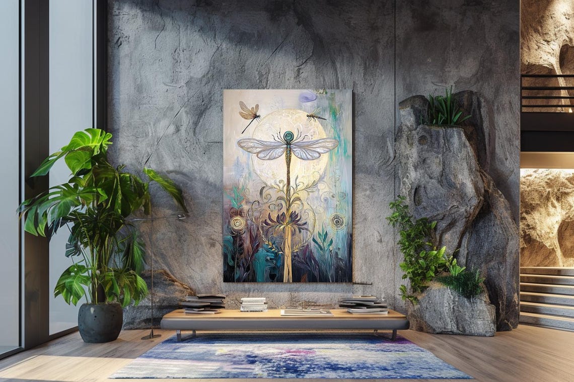 Dragonfly Wings Of Light Over Glowing Moon Botanical Art Poster